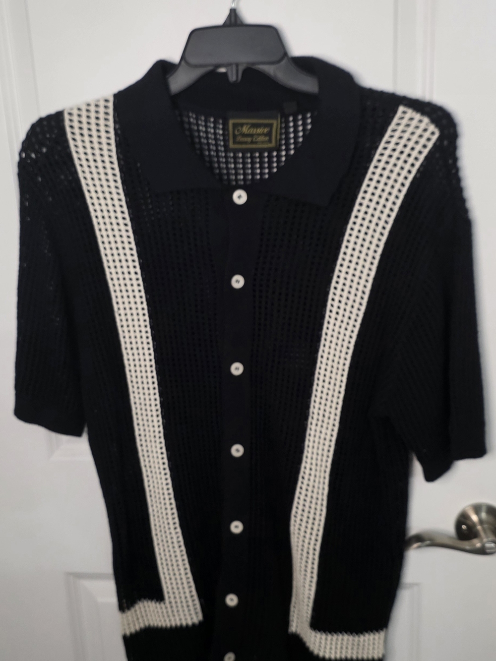 Masters Black Short-Sleeve Button Knit Shirt with Cream Stripes